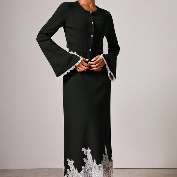 Black Elegant Women's Knit Sweater Lace detailed Dress & Cardigan Set - Picture 5 of 14